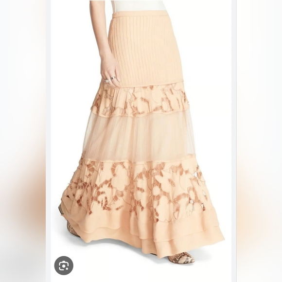 Free People Put It Wildly Peach Tiered Lace Panel Maxi Skirt - Picture 1 of 10